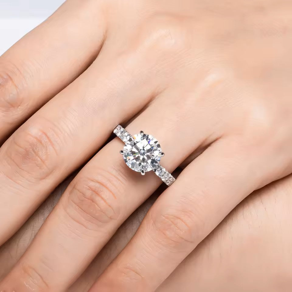 Luxury 3 Carat Ring Set 14K White Gold Round-Cut with Pave Band - Moissanite