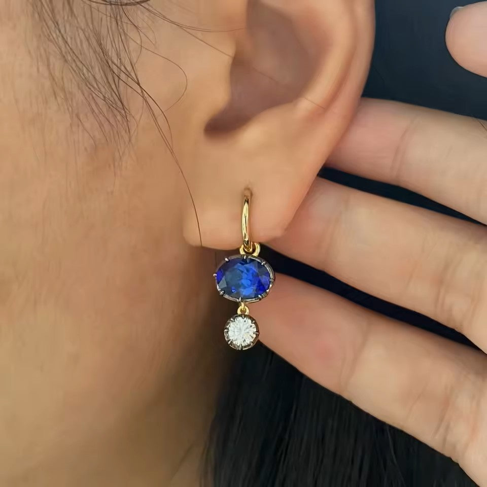 Elegant Oval Sapphire 3 Carat Drop Earrings -14K 18K Solid Gold - Moissanite | Luxury Collection Aura Diamonds