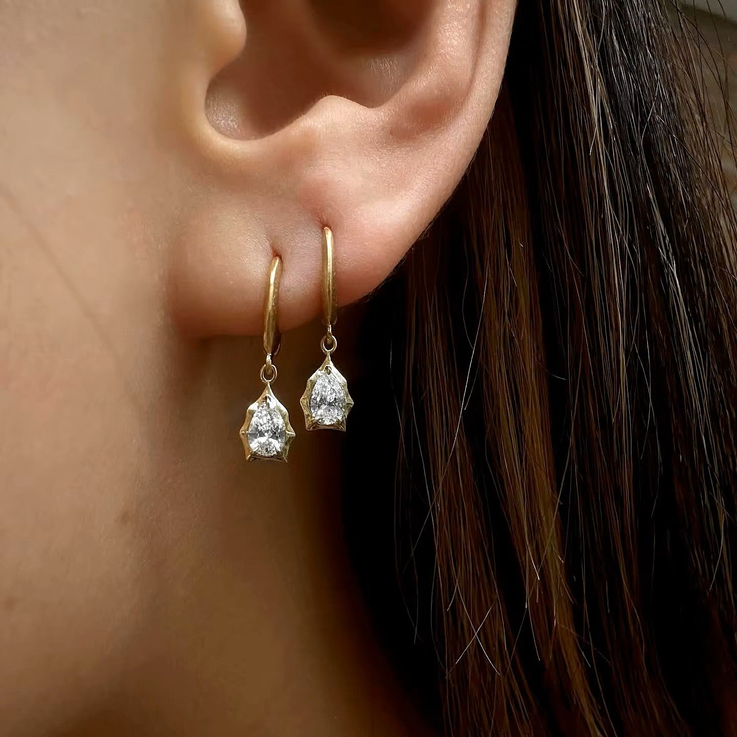 Luxe Blossom Drop Hoop Earrings - Pear Cut - Luxury Moissanite Collection Aura Diamonds