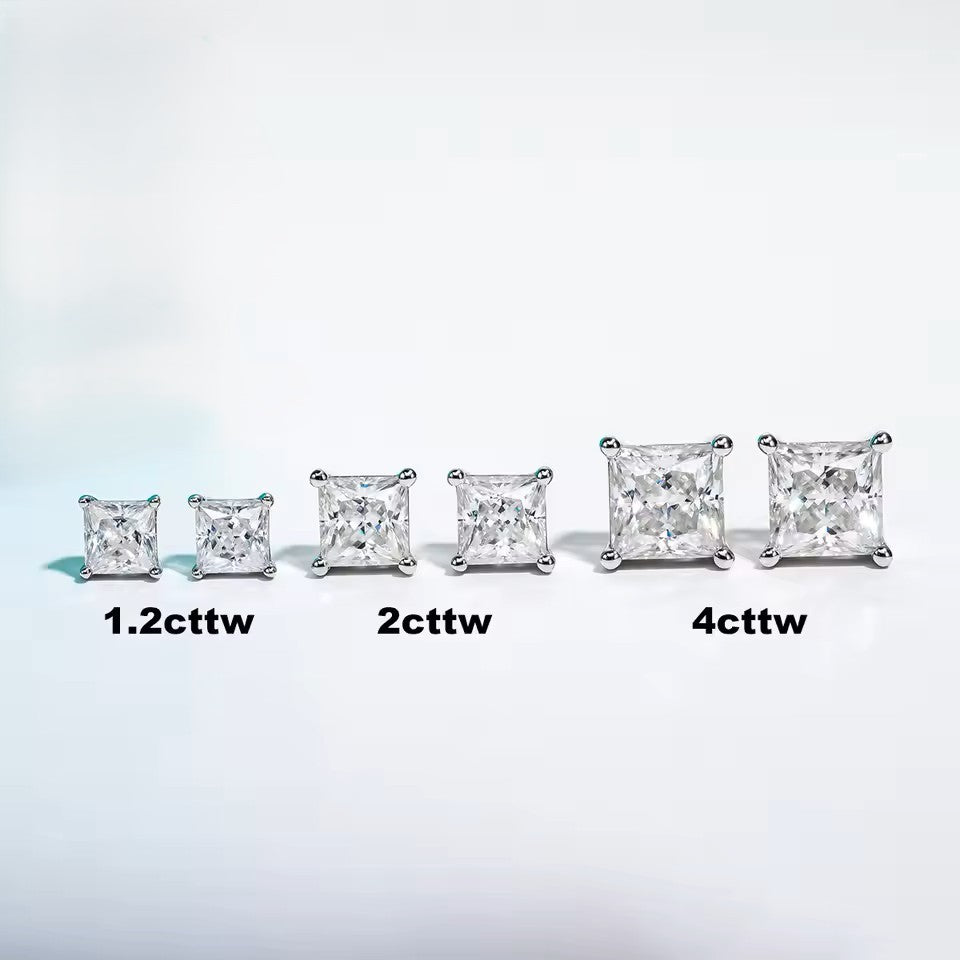 10K White Gold Princess Cut Stud Earrings with Sterling Silver Setting (Rhodium Plated)| Sparkling Moissanite Aura Diamonds