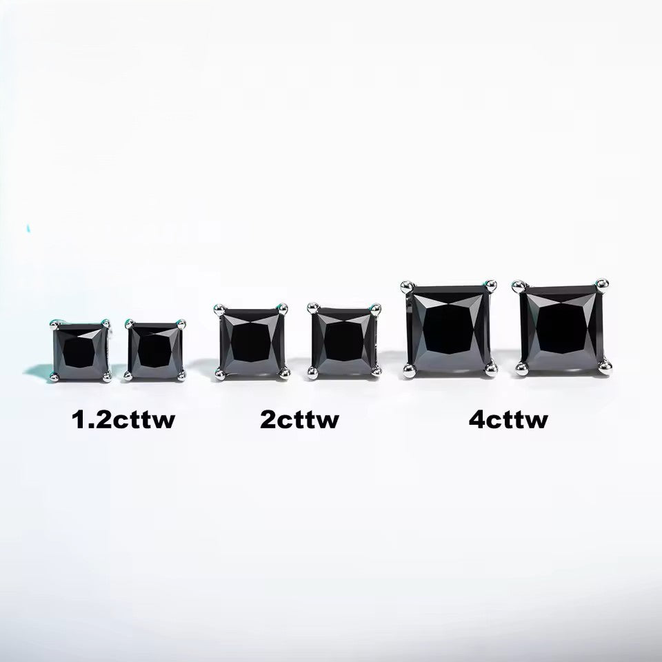 10K White Gold Black Moissanite Gemstone Princess Cut Stud Earrings with Sterling Silver Setting (Rhodium Plated)