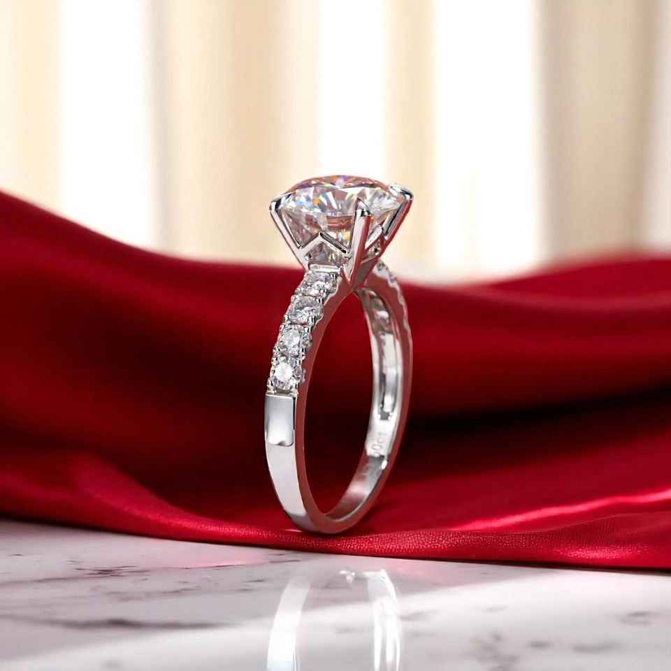 Luxury 4.3 Carat Round-Cut Solitaire Moissanite Ring with Accent Pave Stones Aura Diamonds