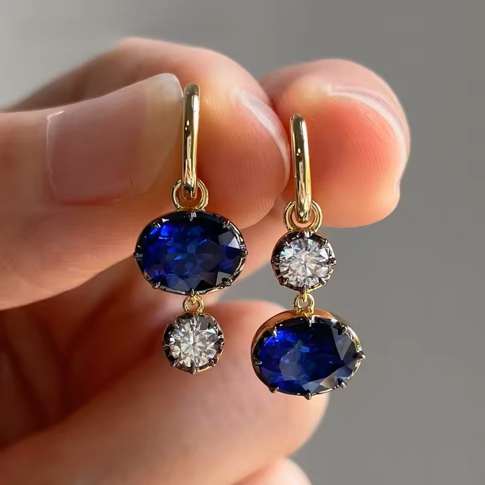 Elegant Oval Sapphire 3 Carat Drop Earrings -14K 18K Solid Gold - Moissanite | Luxury Collection Aura Diamonds
