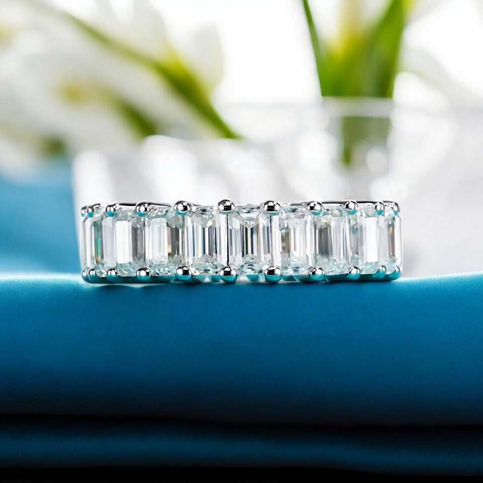 Aura Emerald Baguette Eternity Band ~ 8 Carat Weight- 5MM - Sterling Silver - Rhodium Plated - Moissanite Aura Diamonds