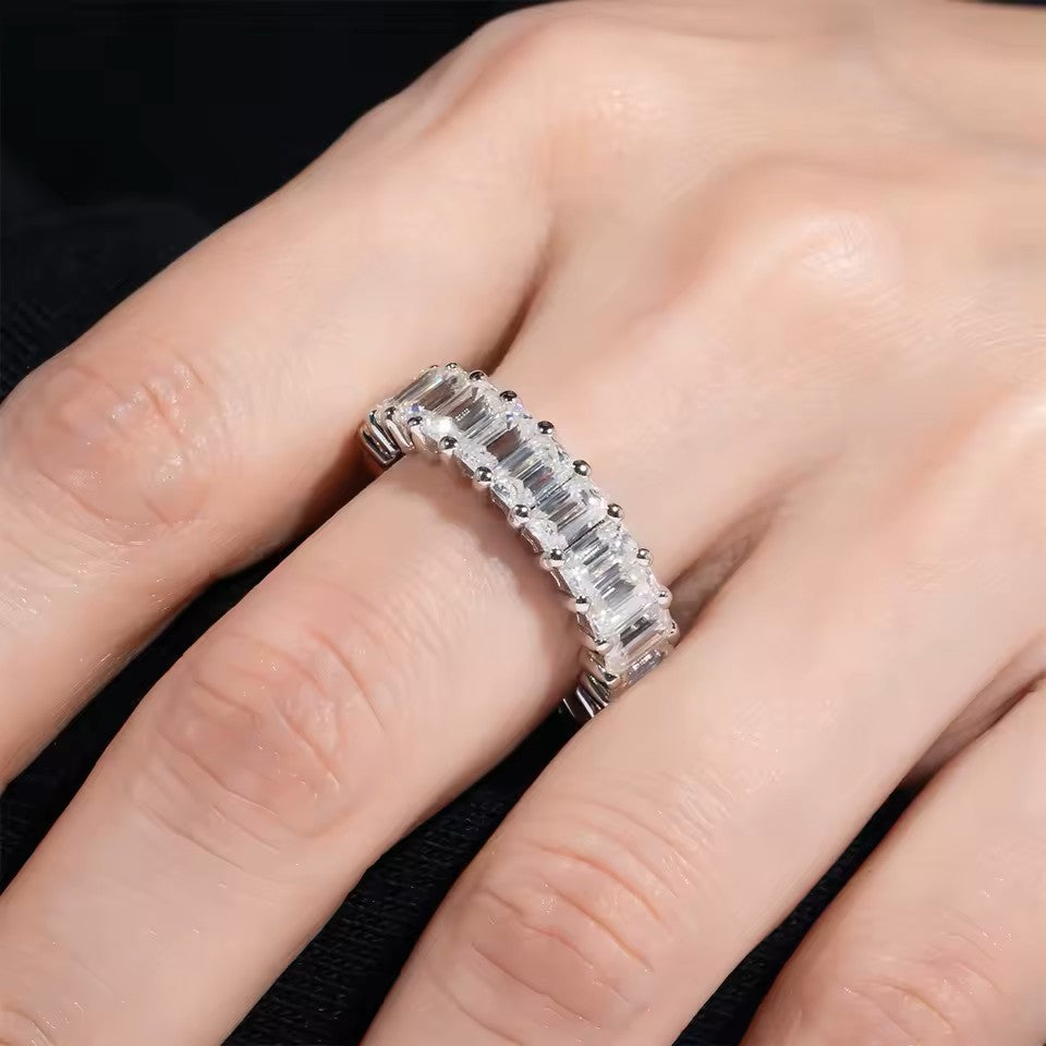 Aura Emerald Baguette Eternity Band ~ 8 Carat Weight- 5MM - Sterling Silver - Rhodium Plated - Moissanite Aura Diamonds