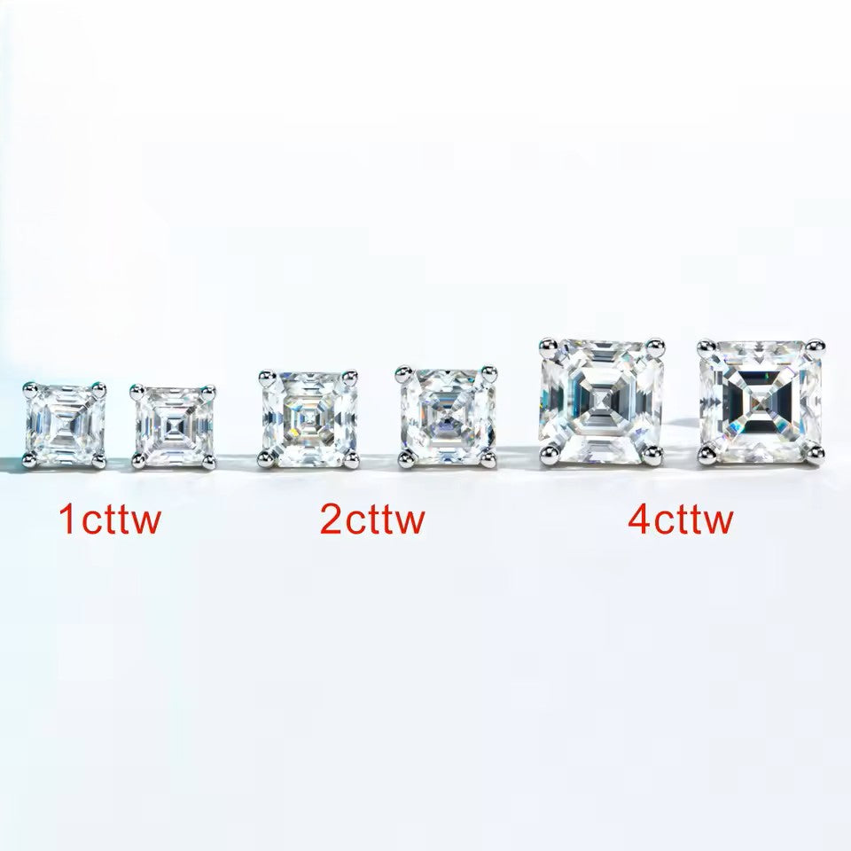 10K White Gold Asscher Cut Stud Earrings with Sterling Silver Setting (Rhodium Plated)| Sparkling Moissanite