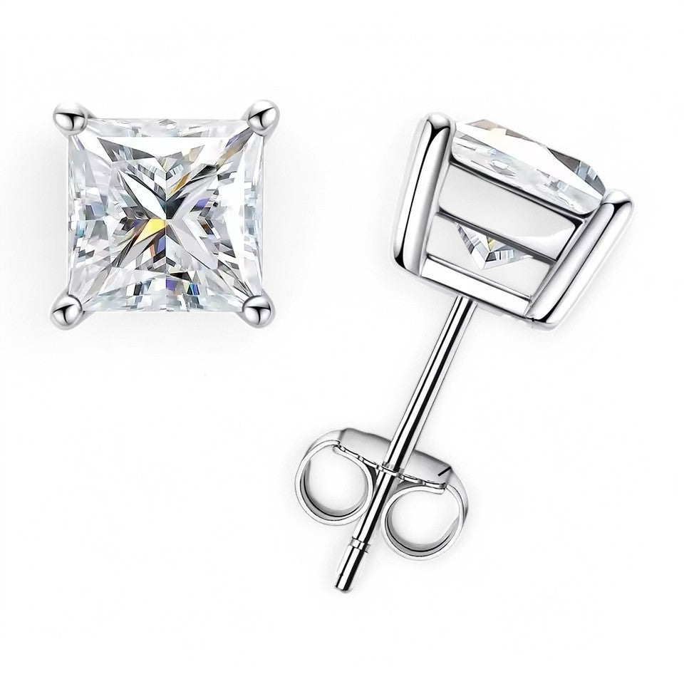 10K White Gold Princess Cut Stud Earrings with Sterling Silver Setting (Rhodium Plated)| Sparkling Moissanite Aura Diamonds