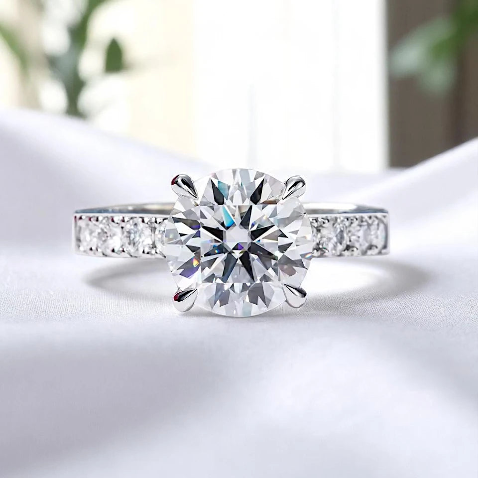 Luxury 4.3 Carat Round-Cut Solitaire Moissanite Ring with Accent Pave Stones Aura Diamonds