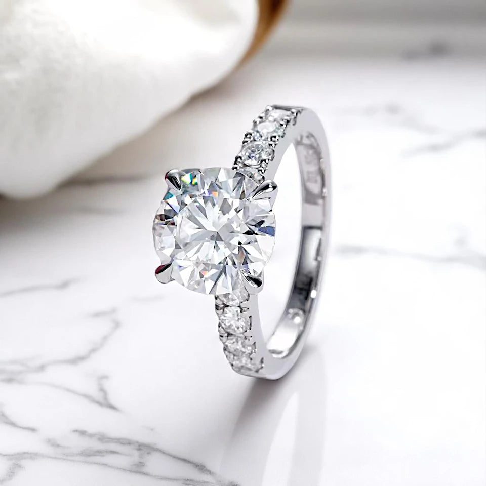 Luxury 4.3 Carat Round-Cut Solitaire Moissanite Ring with Accent Pave Stones Aura Diamonds