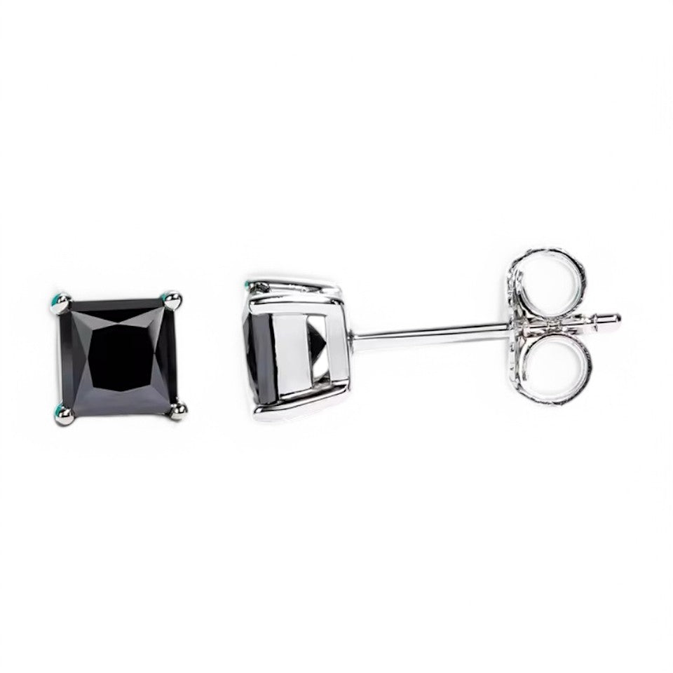 10K White Gold Black Moissanite Gemstone Princess Cut Stud Earrings with Sterling Silver Setting (Rhodium Plated)