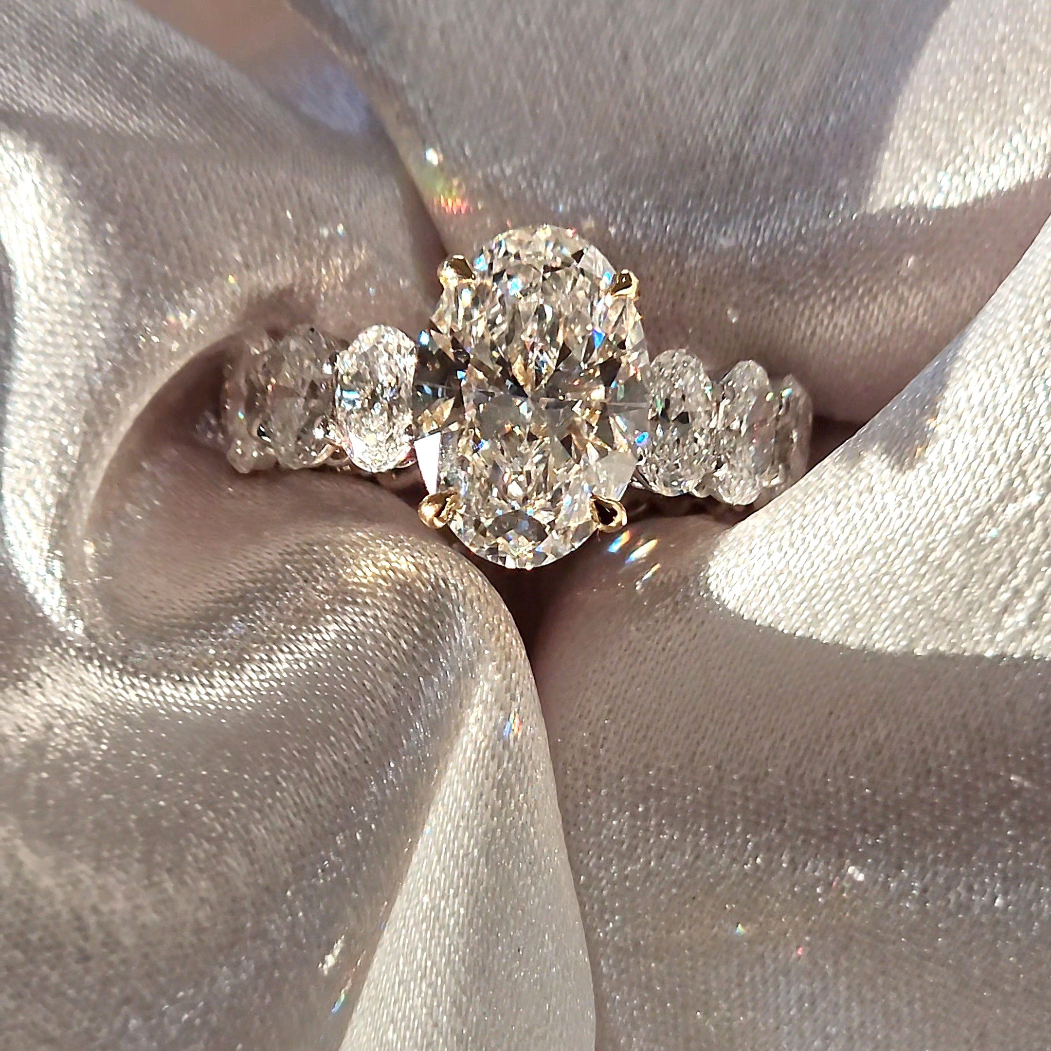 Eternal 8 Carat Weight Oval Heiress Ring With Side Oval Diamonds - Two Tone Aura Diamonds