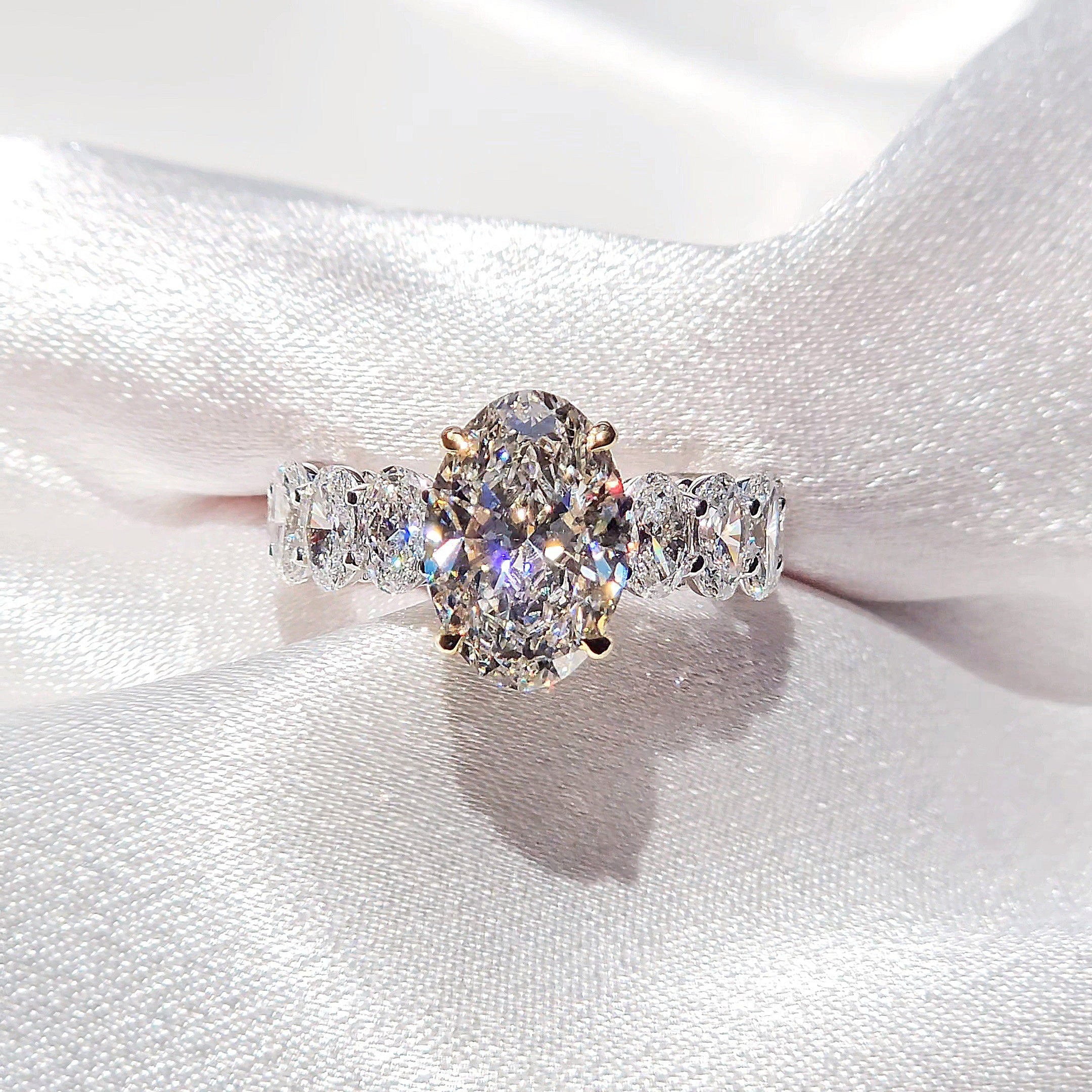 Eternal 8 Carat Weight Oval Heiress Ring With Side Oval Diamonds - Two Tone Aura Diamonds