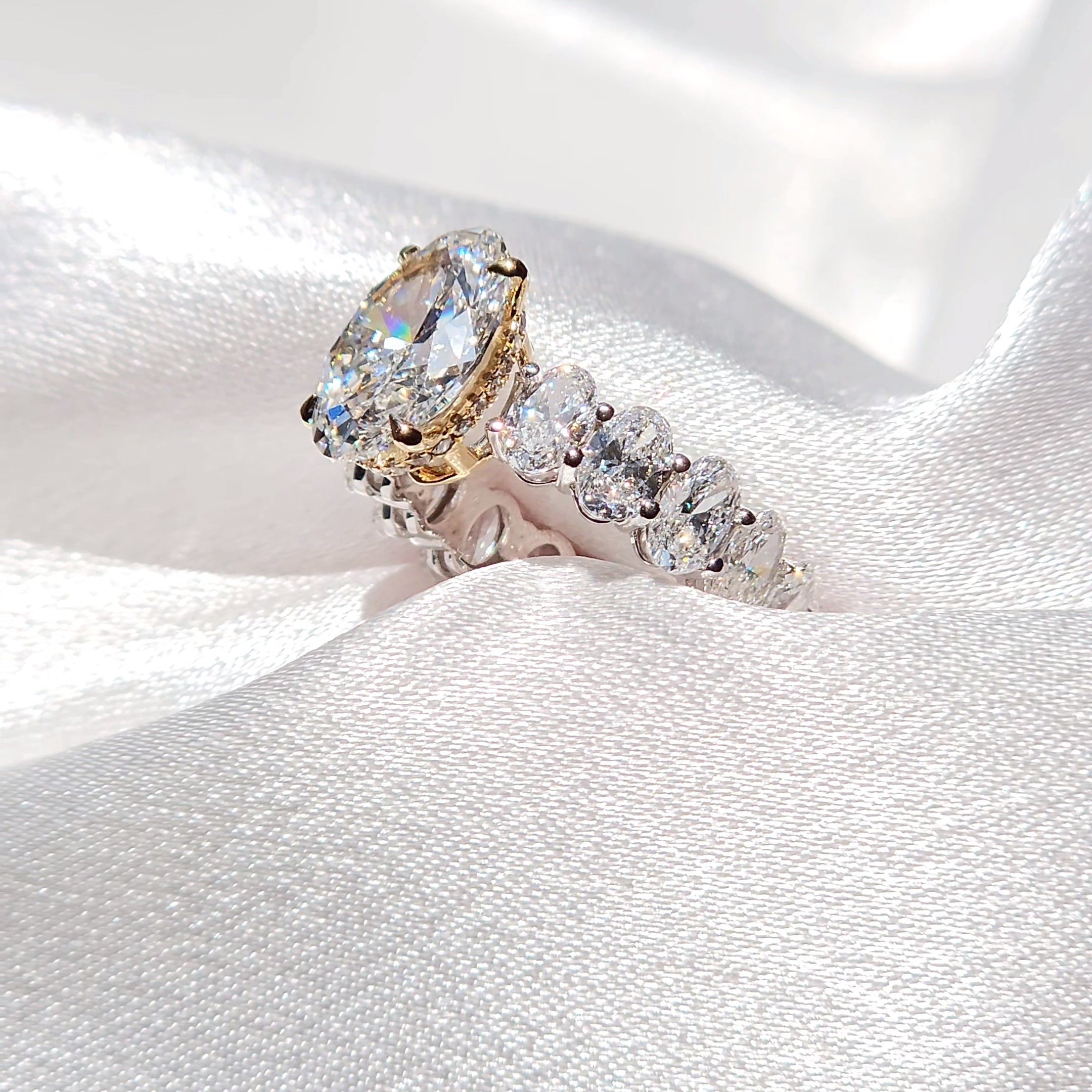 Eternal 8 Carat Weight Oval Heiress Ring With Side Oval Diamonds - Two Tone Aura Diamonds