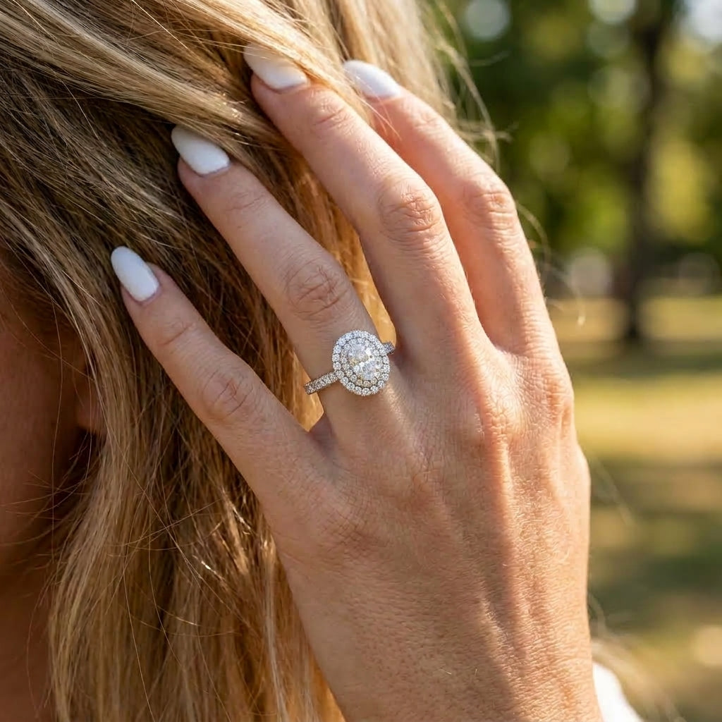 Hazel Oval Double Halo Moissanite Ring | 0.5ct Aura Diamonds