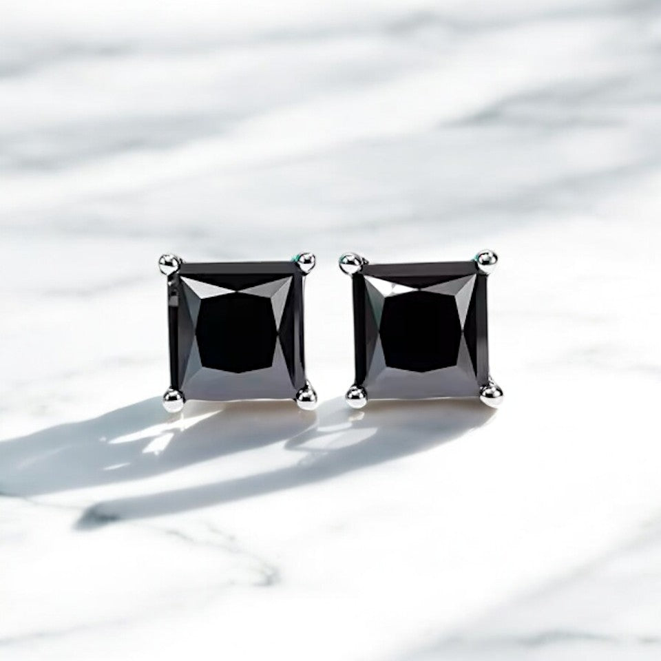 10K White Gold Black Moissanite Gemstone Princess Cut Stud Earrings with Sterling Silver Setting (Rhodium Plated)