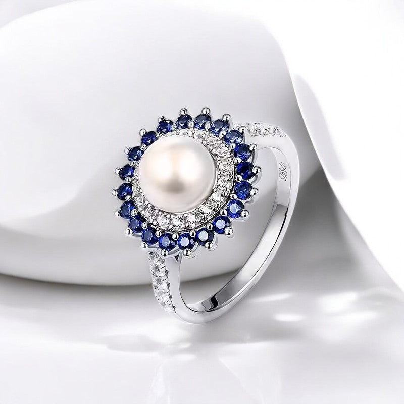 Nora Grace Pearl Halo Ring with Sapphires Nora Grace