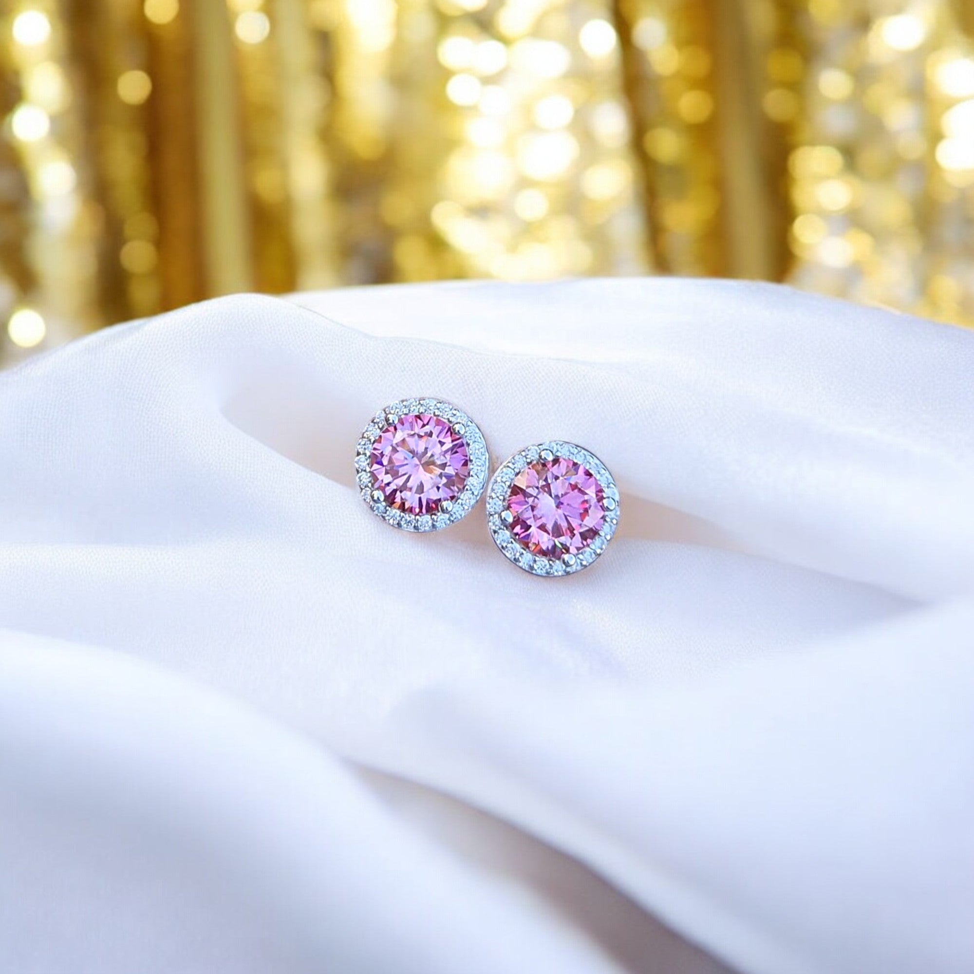 Elegant Ella Halo Stud Earrings - 2 Carat Moissanite (Pink) - 2 x 1CT Each Aura Diamonds