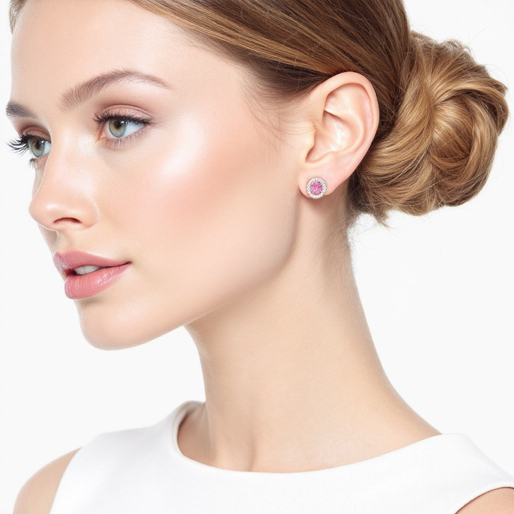 Elegant Ella Halo Stud Earrings - 2 Carat Moissanite (Pink) - 2 x 1CT Each Aura Diamonds