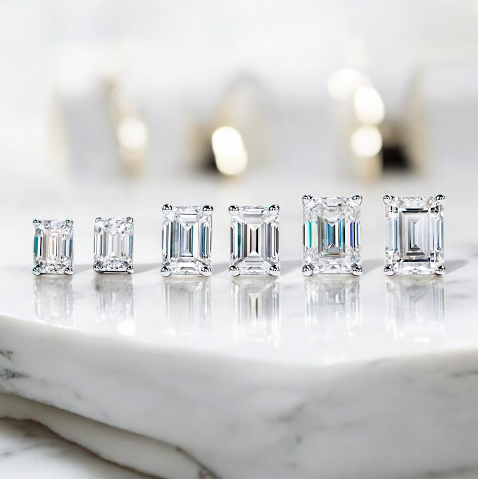 10K White Gold Emerald Cut Stud Earrings with Sterling Silver Setting (Rhodium Plated)| Sparkling Moissanite Aura Diamonds