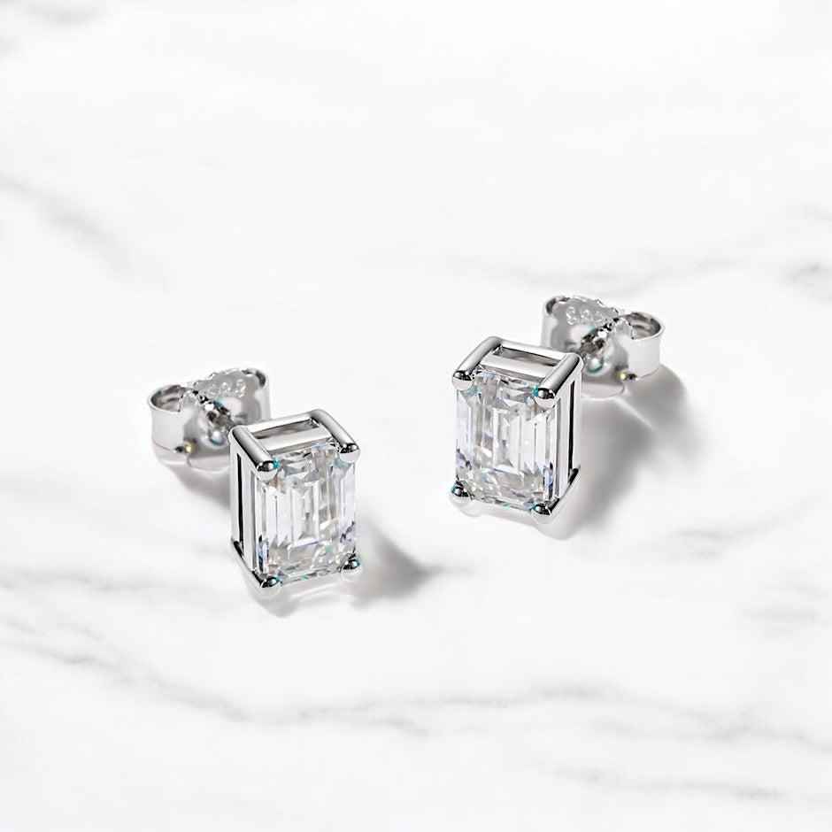 10K White Gold Emerald Cut Stud Earrings with Sterling Silver Setting (Rhodium Plated)| Sparkling Moissanite Aura Diamonds