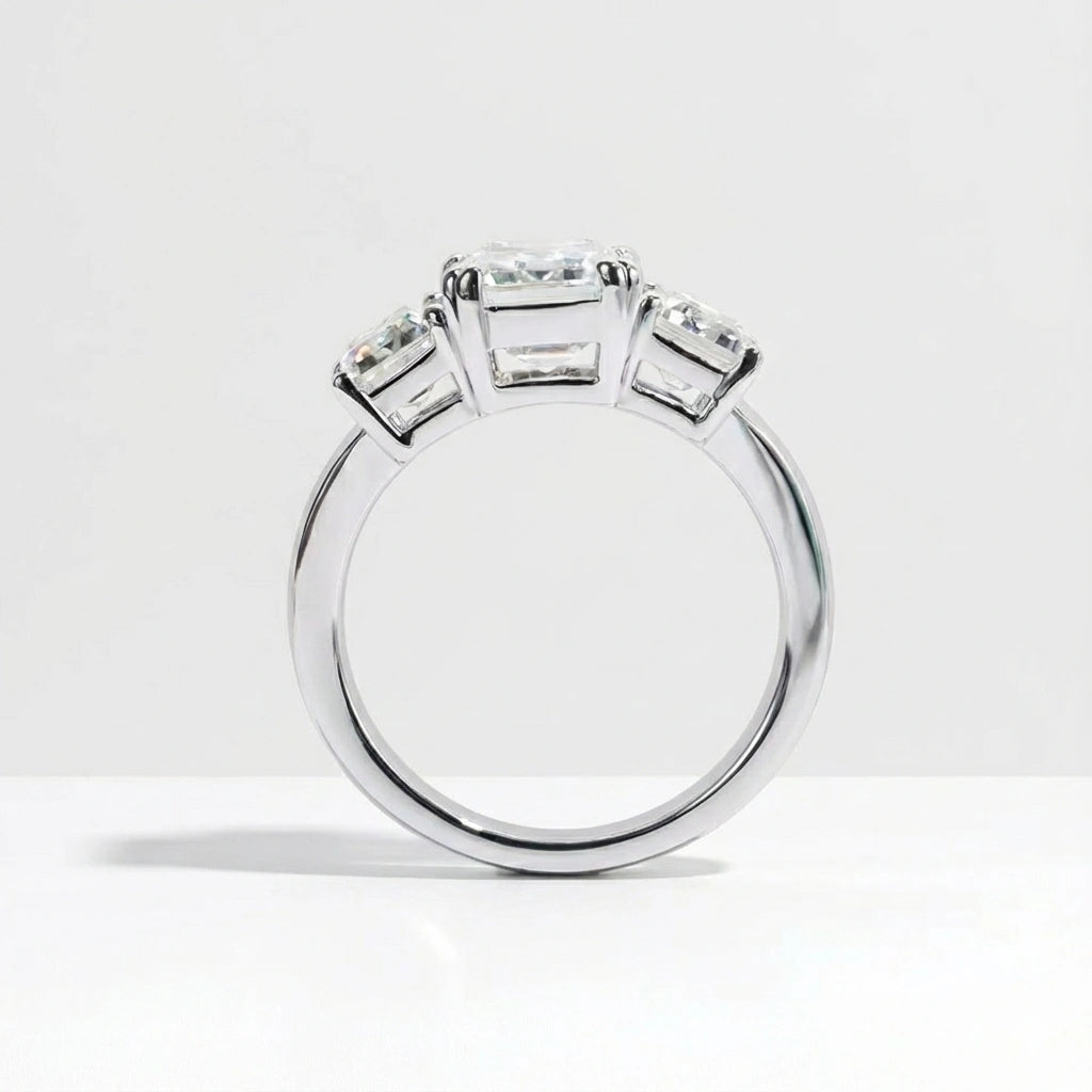 Emerald Cut 5 Carat Weight Moissanite Three-Stone Engagement Ring Aura Diamonds