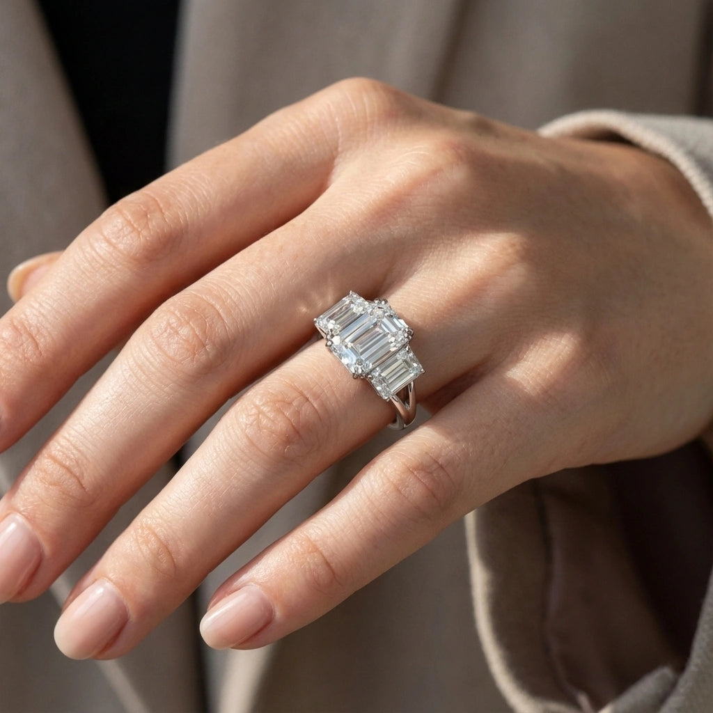 Emerald Cut 5 Carat Weight Moissanite Three-Stone Engagement Ring Aura Diamonds