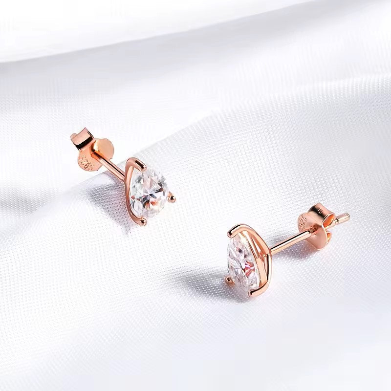 Elegant Pear Teardrop Stud Earrings - Rose Gold/White Gold Plated- 2/4/8 Carat Moissanite - Sterling Silver