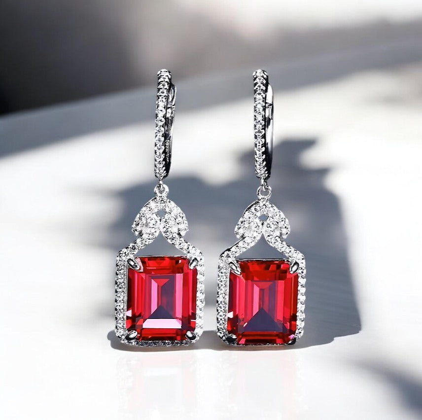 Nora Grace Ruby Halo Earrings - Red Emerald Cut - Sterling Silver