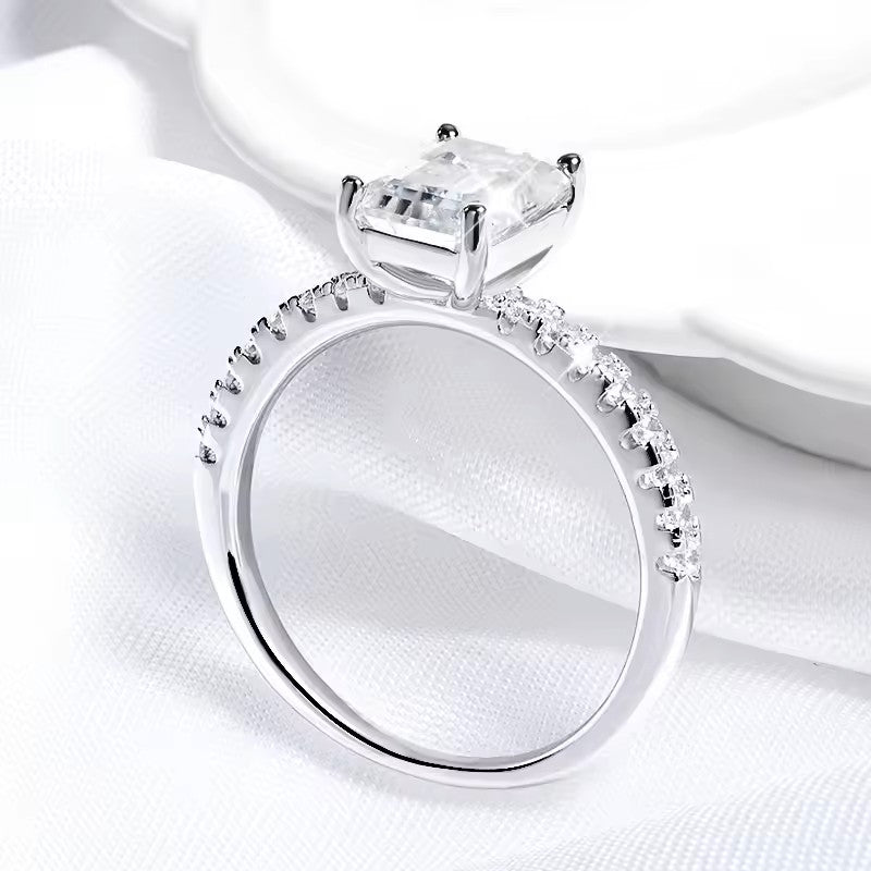 Elegant Emerald Cut Ring with Pave Band | Moissanite | 18K White Gold Plated