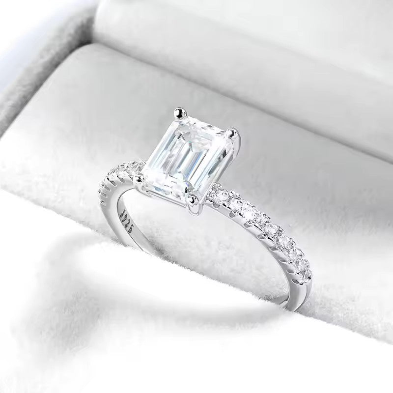 Elegant Emerald Cut Ring with Pave Band | Moissanite | 18K White Gold Plated