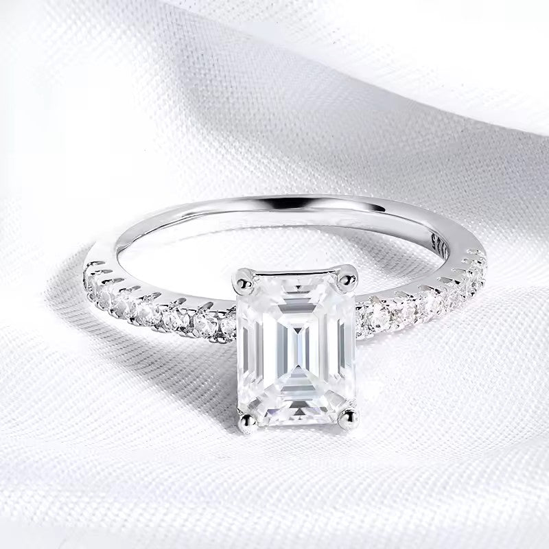 Elegant Emerald Cut Ring with Pave Band | Moissanite | 18K White Gold Plated