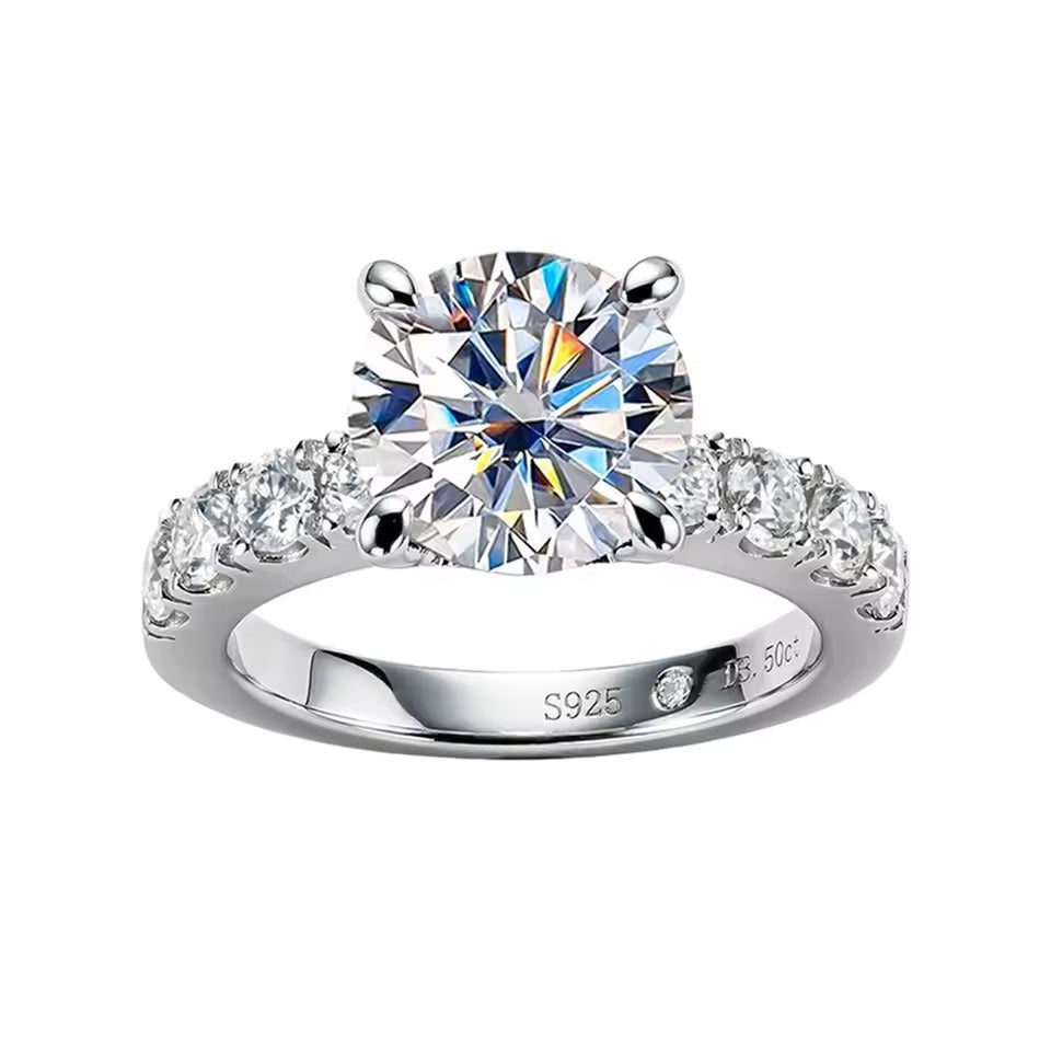 Luxury 4.3 Carat Round-Cut Solitaire Moissanite Ring with Accent Pave Stones Aura Diamonds