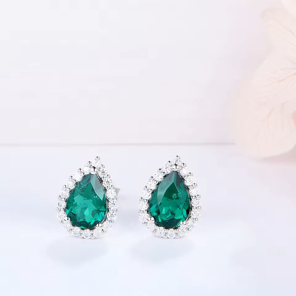Elegant Natasha Pear-Cut Halo Emerald Stud Earrings | 2 x 1CT Each | Dark Green Aura Diamonds