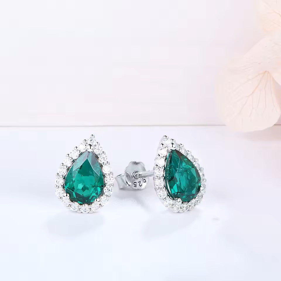 Elegant Natasha Pear-Cut Halo Emerald Stud Earrings | 2 x 1CT Each | Dark Green