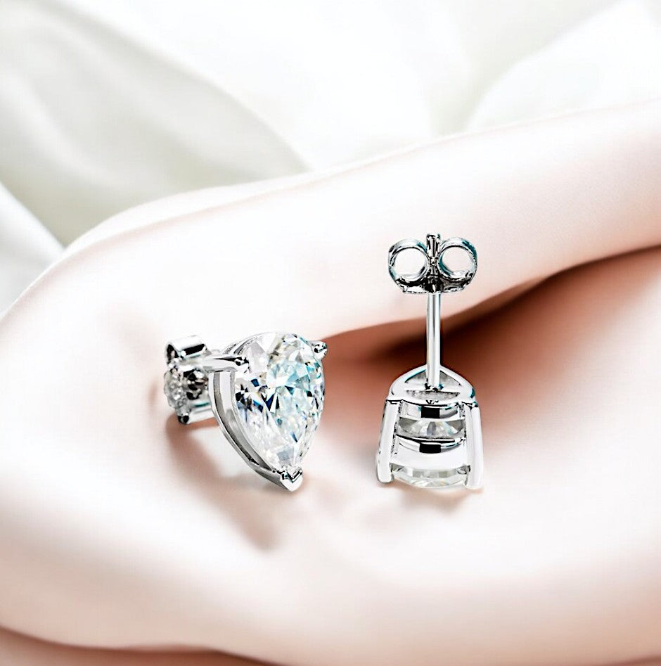 10K White Gold Teardrop Stud Earrings with Sterling Silver Setting (Rhodium Plated)| Sparkling Pear Cut Moissanite Aura Diamonds