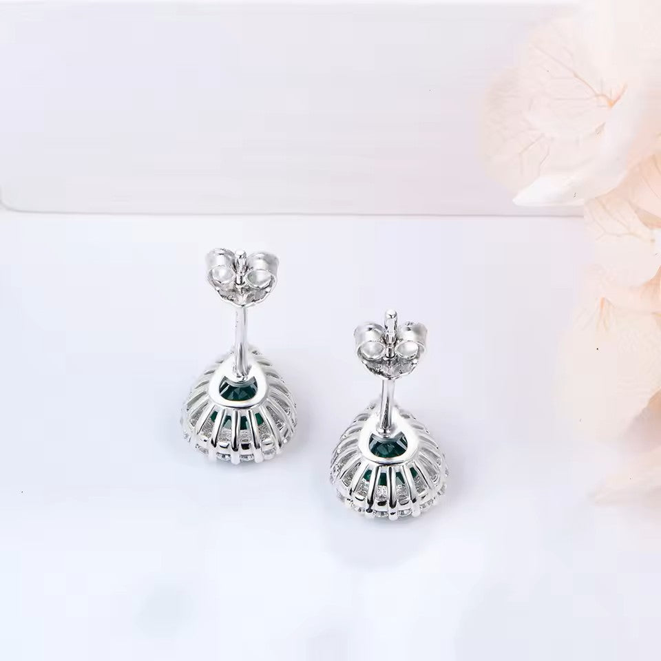 Elegant Natasha Pear-Cut Halo Emerald Stud Earrings | 2 x 1CT Each | Dark Green Aura Diamonds