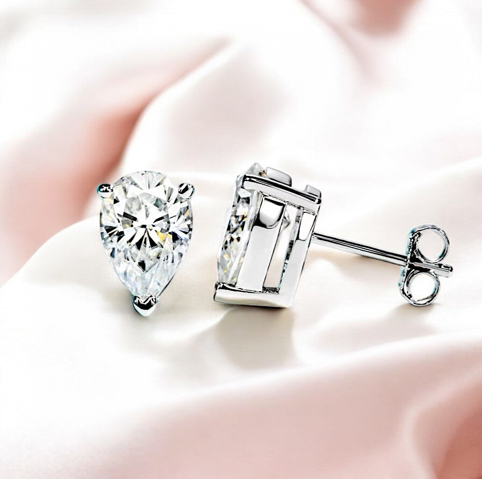 10K White Gold Teardrop Stud Earrings with Sterling Silver Setting (Rhodium Plated)| Sparkling Pear Cut Moissanite