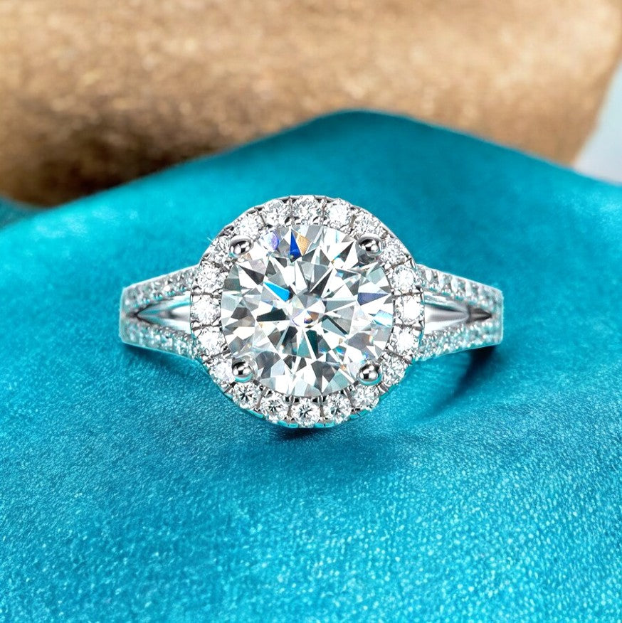 Luxury Kylie 3 Carat Halo Ring - Pave Band Aura Diamonds