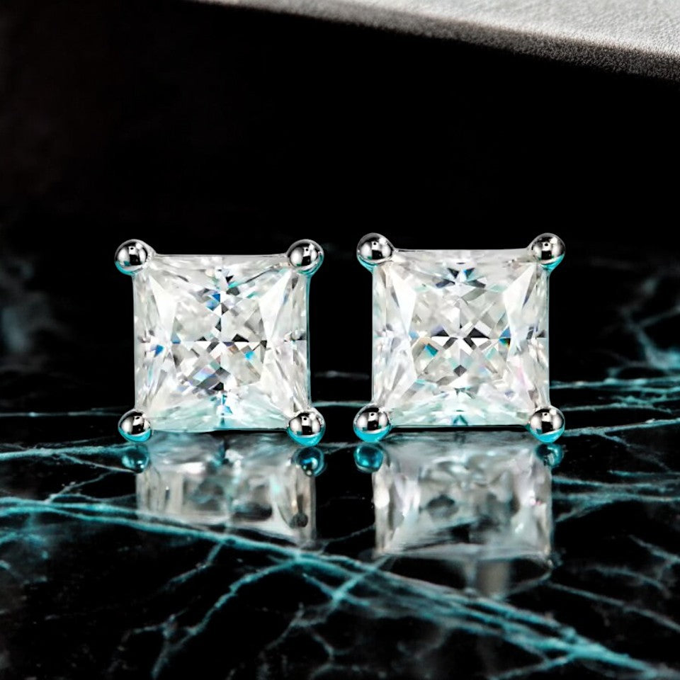 10K White Gold Princess Cut Stud Earrings with Sterling Silver Setting (Rhodium Plated)| Sparkling Moissanite Aura Diamonds