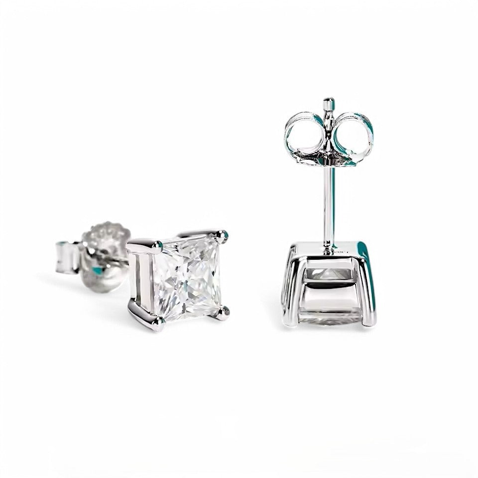 10K White Gold Princess Cut Stud Earrings with Sterling Silver Setting (Rhodium Plated)| Sparkling Moissanite Aura Diamonds