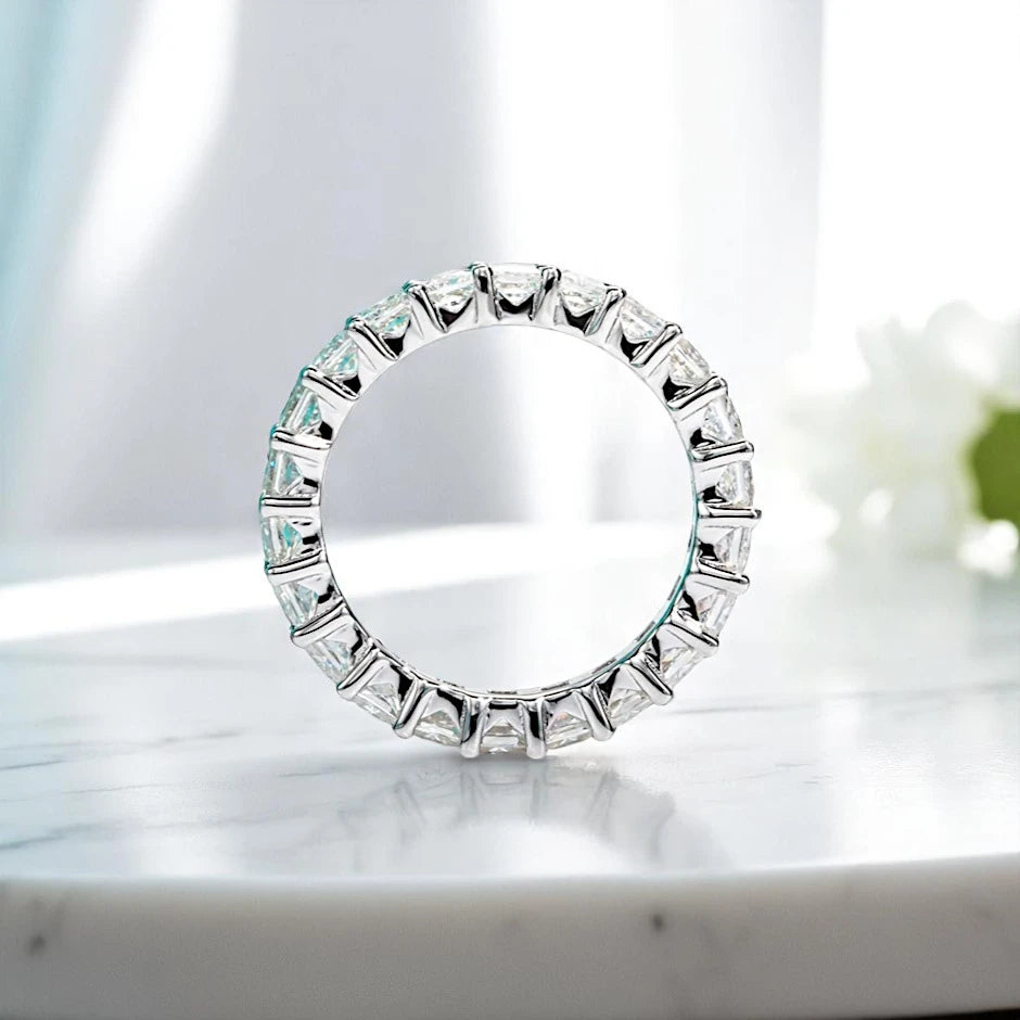 Luxury Princess Cut Eternity Band- White Gold - Moissanite/Lab Diamond (Rhodium Plated) Aura Diamonds