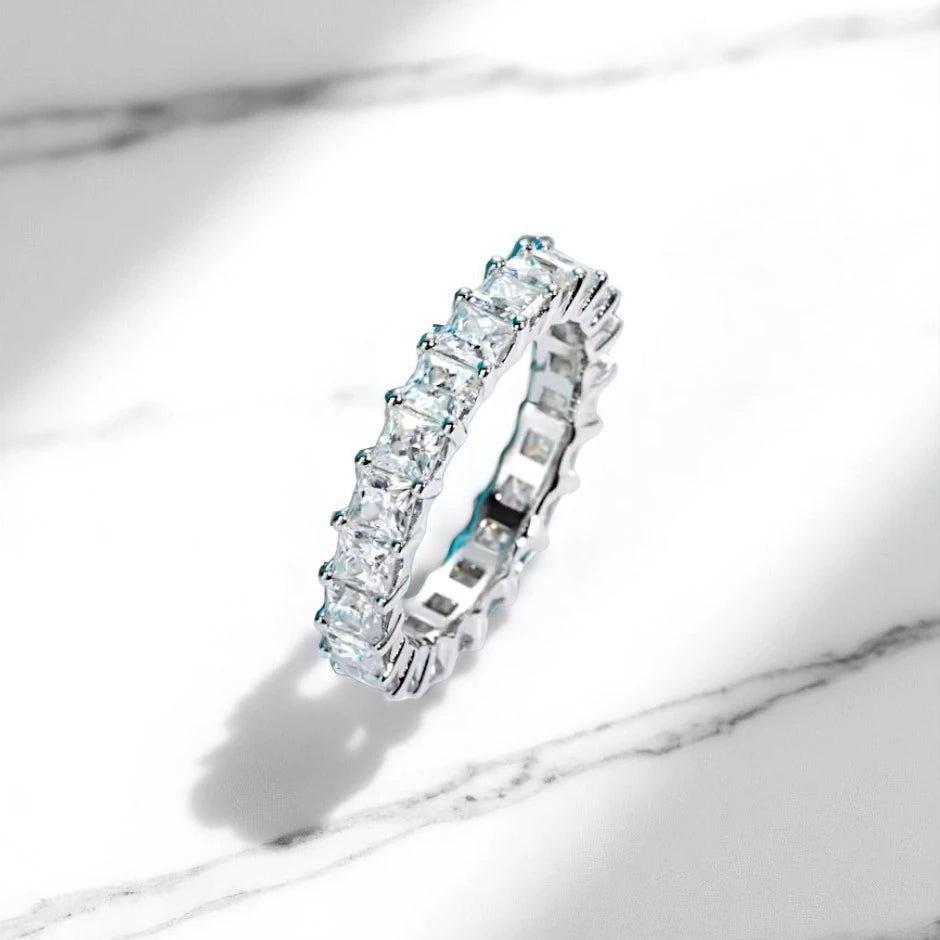 Luxury Princess Cut Eternity Band- White Gold - Moissanite/Lab Diamond (Rhodium Plated) Aura Diamonds