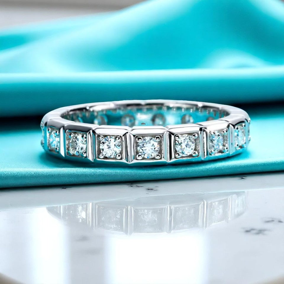 Elegant Princess Eternity Bezel Set Band - White Gold - Moissanite (Protective Rhodium Plated)