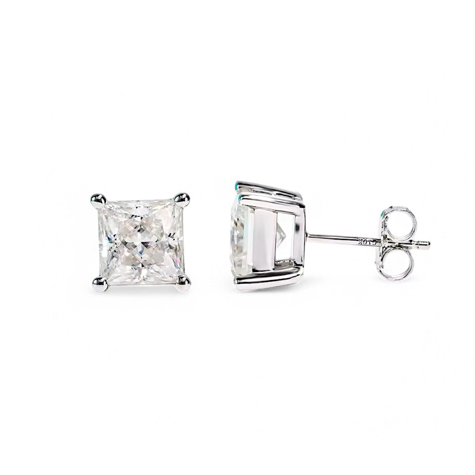 10K White Gold Princess Cut Stud Earrings with Sterling Silver Setting (Rhodium Plated)| Sparkling Moissanite Aura Diamonds