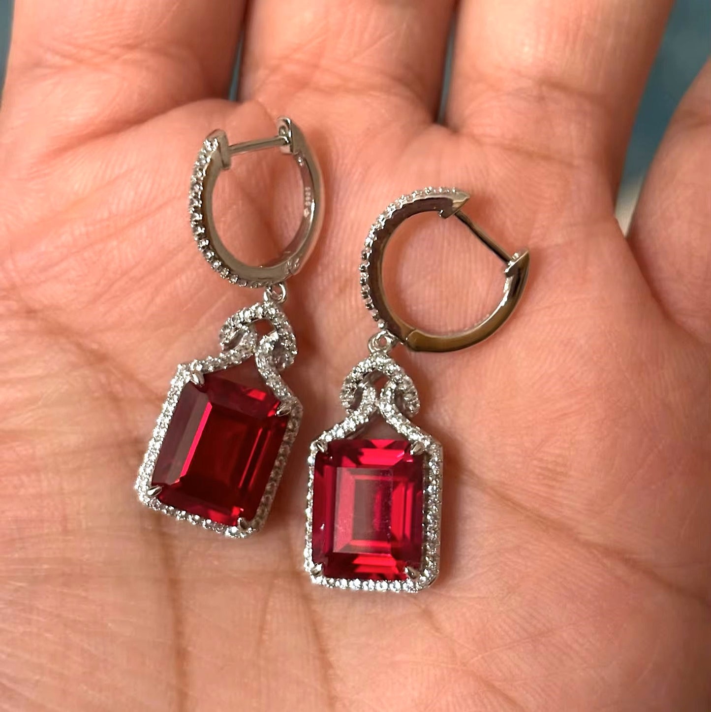 Nora Grace Ruby Halo Earrings - Red Emerald Cut - Sterling Silver