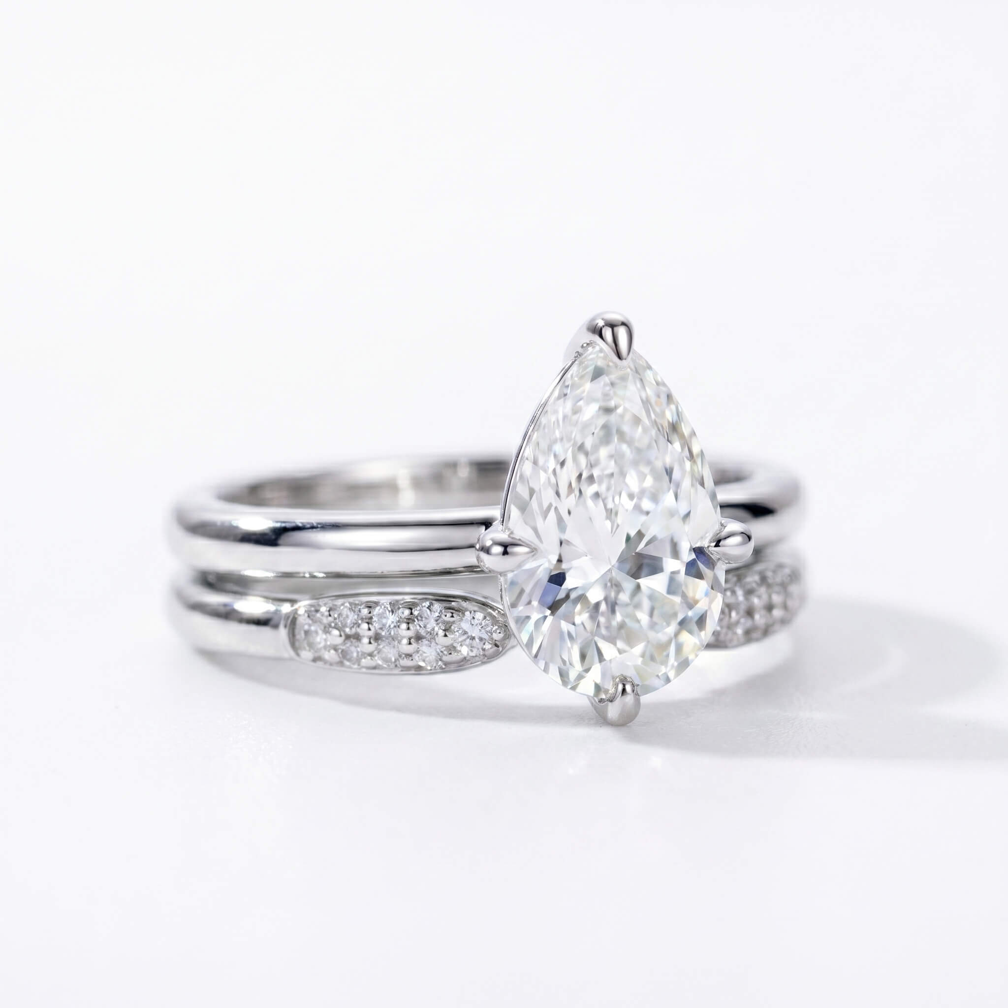 3 Carat Pear Cut Moissanite Engagement Ring Set with Band Aura Diamonds