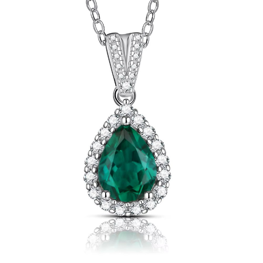 Elegant Pear Cut Emerald Halo Pendant | 1 Carat | Sterling Silver (Rhodium Plated)