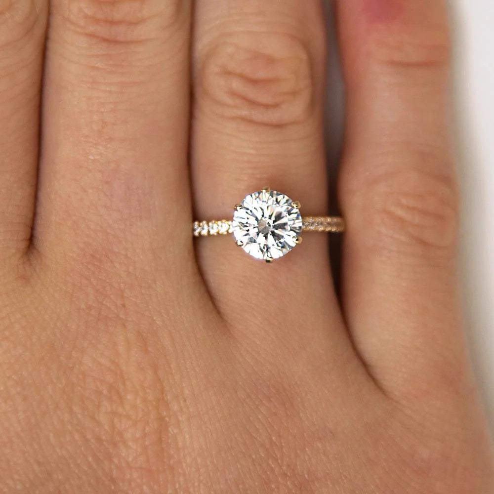 Luxury Elena Solitaire with Hidden Halo & Pave Band - Gold Vermeil - Moissanite Aura Diamonds