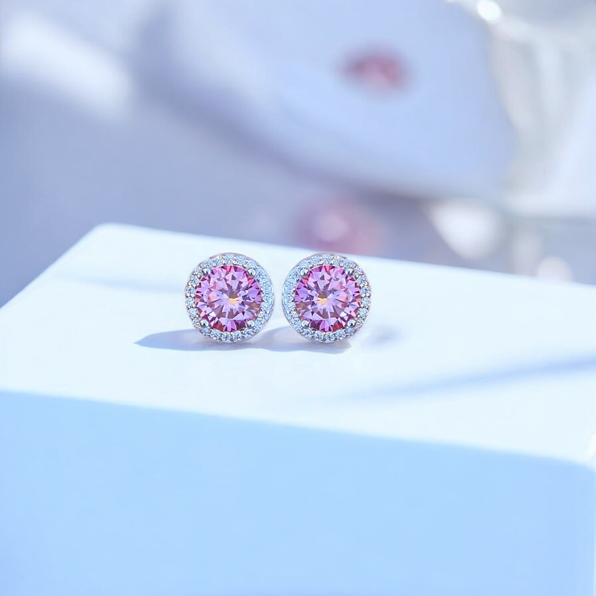 Elegant Ella Halo Stud Earrings - 2 Carat Moissanite (Pink) - 2 x 1CT Each Aura Diamonds