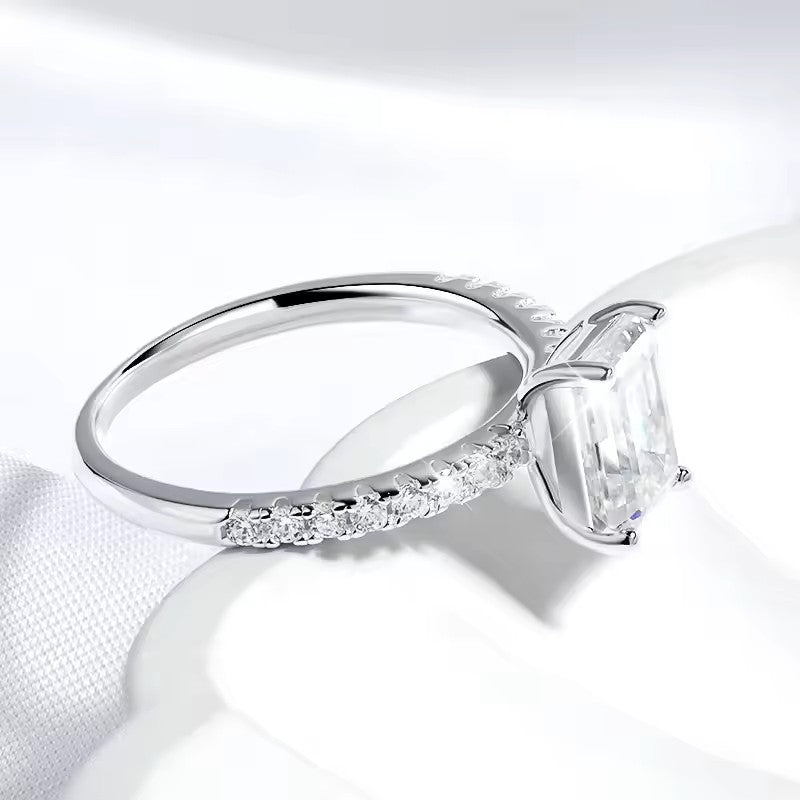 Elegant Emerald Cut Ring with Pave Band | Moissanite | 18K White Gold Plated